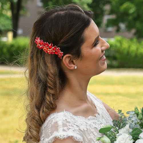 BETITETO Bridal Crystal Hair Accessories Small Wedding Gold Hair Piece with Comb for Women Girls (Red)