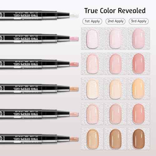 2 Step Nail Polish Pens Set, 6 Pcs Nude Natural Color Builder Base 1 Piece Top Coat Fingernail Toenail Gel Series for Women, Hema Free High Gloss Long Last Portable Ideal Gift (U V Needed)