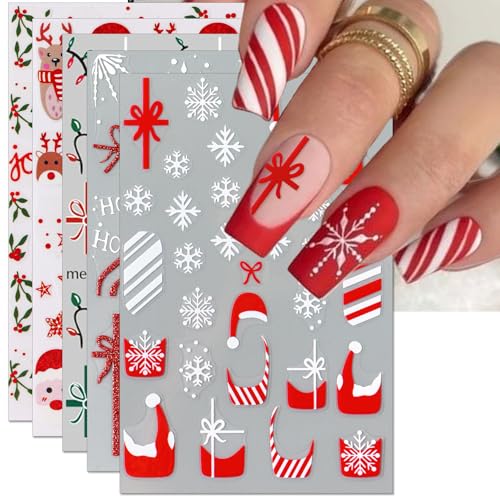 Christmas Gift Bow Nail Art Stickers, Santa Hat Elk Snowflake Design, 3D Self-Adhesive Glitter French Nail Tip Winter Holiday Nail Decals for Women (5 Sheets)