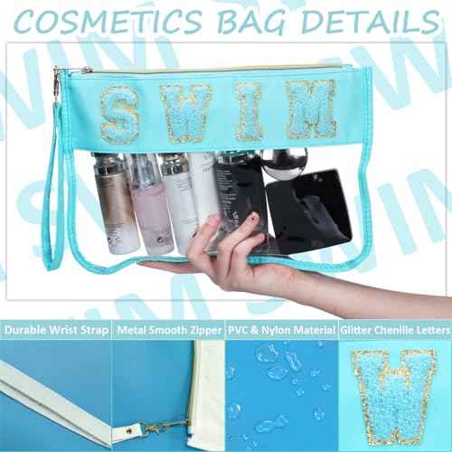 2 Pcs Swim Bag Cosmetic Makeup Bag with Chenille Letter Patch, Clear Pouch PVC Organizer Purse, Waterproof Travel Beach Bag, Portable Toiletry Storage Bag