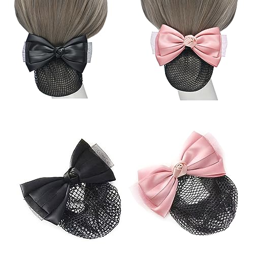 2pcs Hair Snood Net Barrettes with Bowknot Hair Clips with Thin Mesh Bun Cover for Women Ladies (Pink+Black)