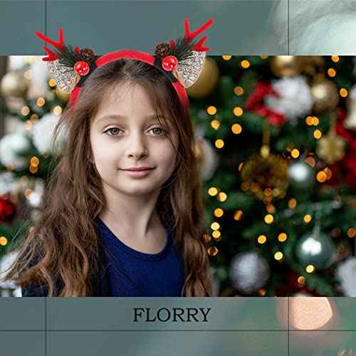 Florry Christmas Antler Headband Hair Hoop for Women Glitter Reindeer Antlers Hair bands Hair Accessories Headdress for Christmas Decorations Holiday Party (Red)