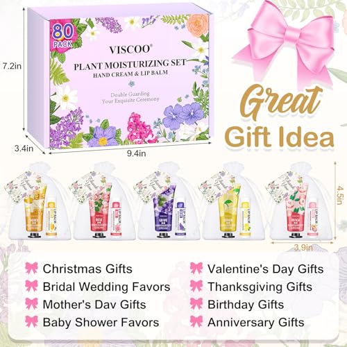 80 Sets Hand Cream Bulk and Lip Balm Bulk Gifts, Stocking Stuffers for Women Teengirls, Christmas Gifts,Bridesmaid Gifts for Guests with Thank You Card Organza Bags,Thank You Gifts, Small Gifts