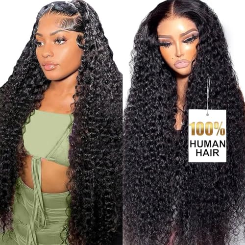 ITODAY 13x6 Deep Wave Lace Front Wigs Human Hair 200% Density 24 Inch Curly Human Hair Wig for Women Natural Black HD Transparent Lace Glueless Frontal Wigs Pre Plucked Natural Color