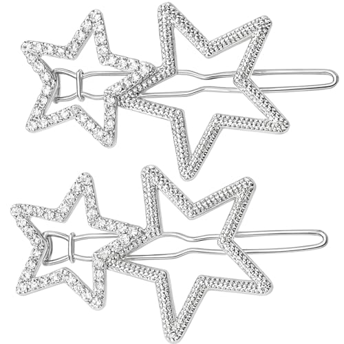 2Pcs Hollow Star Hair Clips, Non-Slip Metal Geometric Hairpin, Elegant Rhinestone Hair Barrettes for Women Lady Girls Styling Hair Accessories (Silver)