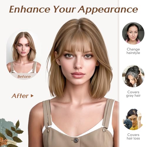 Rich Choices Hair Toppers for Women Real Human Hair 360¡Æ3D Clip in Bangs 100% Remy Human Toppers with Bang for Thinning 150% Density Lace Base 08 Inch #4P27 Medium Brown Highlight Dark Blonde