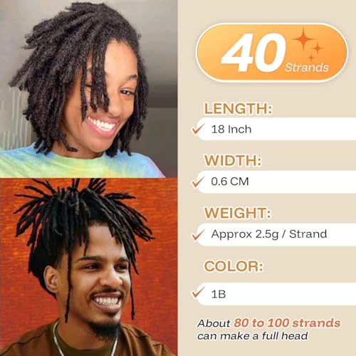 18 inch 40 Strands Loc Extensions Human Hair, Real 0.6cm Width Human Hair Dreads Extensions for Man/Women Full Handmade Dreadlocks Can be Dyed(1b)