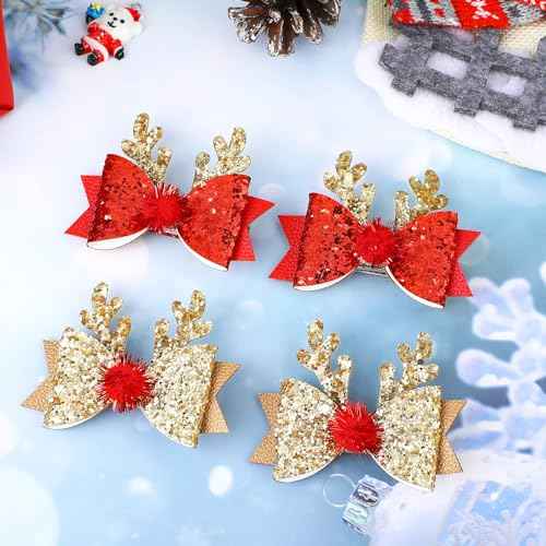2 Pairs Christmas Hair Clip - Christmas Reindeer Antlers Headdress, Cute Bow Ties Antlers Ears Hair Pins, Christmas Party Hair Accessories for Girls Women (Gold & Red)
