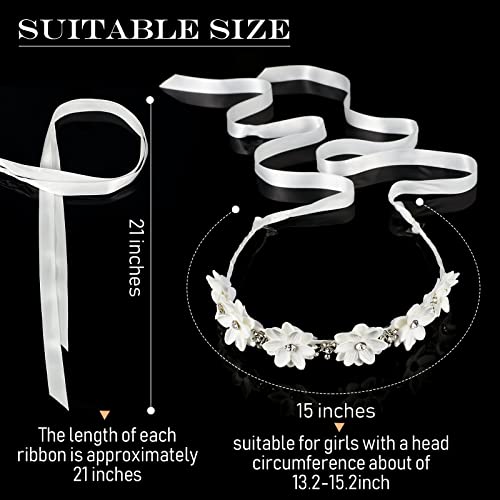 Syhood 2 Pieces Girl Elegant Headband Flower Headpiece White Flower Headband with Ribbon and Rhinestones Cute Bridal Wedding headband for Girl Party Hair Accessories