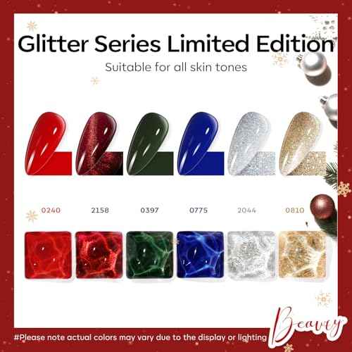 modelones Christmas Gel Nail Polish Set, 6 Colors Winter Cat Eye Red Dark Green Blue Glitter Gold Silver Gel Polish Kit Soak Off Nail Art Manicure Home Gift for Women Girls