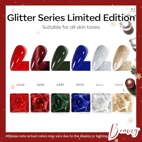 modelones Christmas Gel Nail Polish Set, 6 Colors Winter Cat Eye Red Dark Green Blue Glitter Gold Silver Gel Polish Kit Soak Off Nail Art Manicure Home Gift for Women Girls