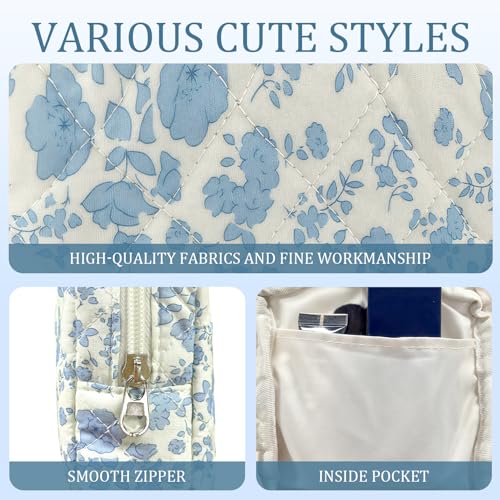 ZLFSRQ Small Quilted Makeup Bag for Purse Mini Flower Quilted Pouch Cute Cotton Makeup Bag with Compartments Aesthetic Cosmetic Bags for Women Coquette Zipper Lipstick Pouch Travel Essentials