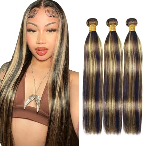 P1B27 Highlight Bundles Human Hair Honey Blonde Straight 3 Bundles 16 18 20 inch Brazilian Unprocessed 8A Virgin Remy Hair Extensions