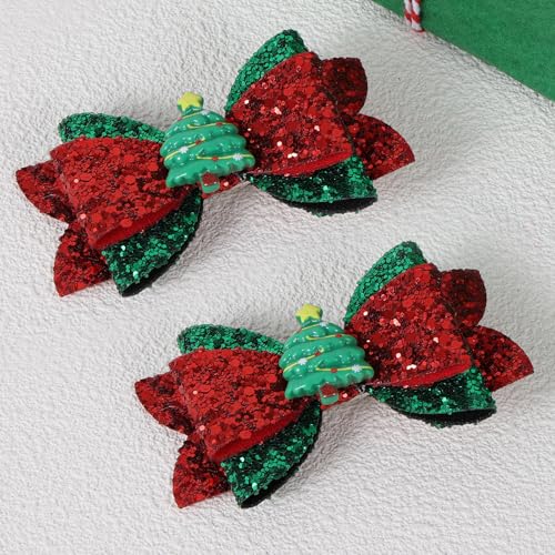 Christmas Glitter Hair Bow Clips Cute Christmas Tree Hairpins Sparkly Girls Hair Accessories for Xmas Party, Red&Green