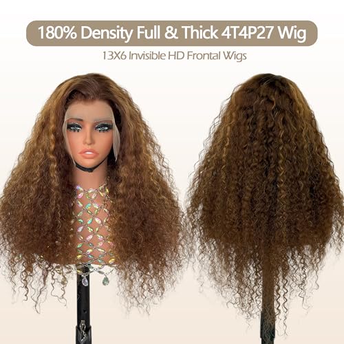 Honey Blonde Ombre Lace Front Wig Human Hair 13x5 Highlight Deep Wave Curly Wig 4/27 Colored HD Transparent Lace Front Wigs Human Hair Pre Plucked with Baby Hairs 180% Density 22 Inch
