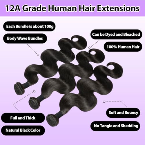 Human Hair Bundles Body Wave 12A Unprocessed Brazilian Virgin Weave 3 Bundles 18 20 22 Inch Real Human Hair Quick Weave Sew in Hair Double Weft Full and Thick Natural Black Wavy Hair for Women