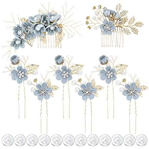 inSowni 20 Pack Classy Dusty Blue Flower Bridal Wedding Hair Side Combs+Floral Hair Pins+Twist Spiral Pearl Hair Pins Clips Pieces Formal Prom Headpieces Accessories for Brides Bridesmaids Women Girls