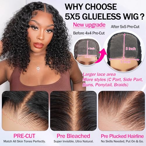 AISI Glueless Wigs Human Hair Pre Plucked Pre Cut Ready to Wear Curly Bob Wigs 5x5 HD Lace Front Wigs for Black Women 180% Density Deep Curly Lace Wigs with Elastic Band for Beginners 16 Inch