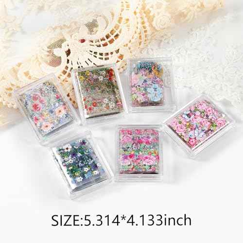 DANNEASY 6 Boxes Flower Nail Art Foil Transfer, Floral Spring Nail Stickers Foil Sheets, Starry Sky Nail Foils, Holographic Manicure Decals for Women Girls Manicure Tips Supplies