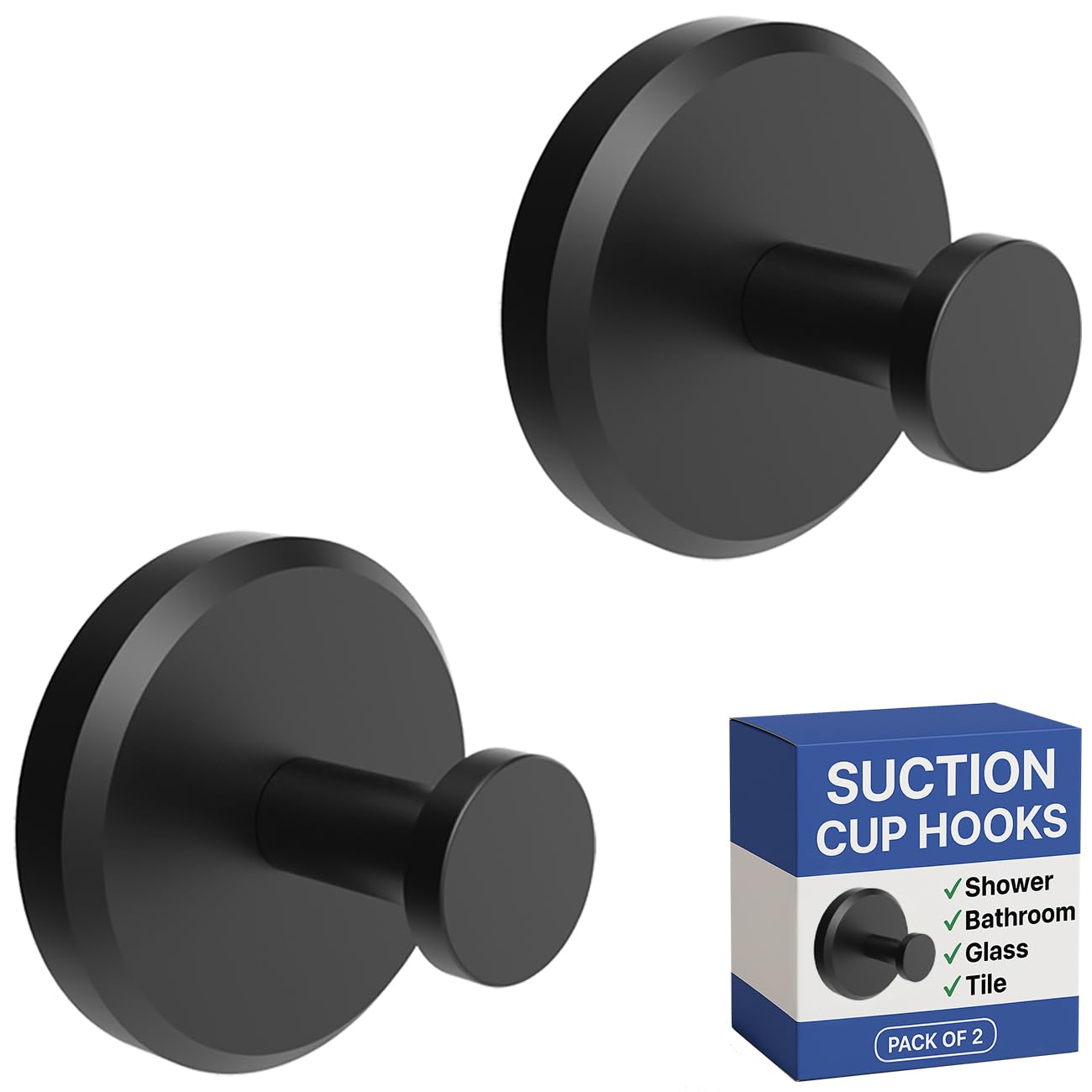 HOME SO Suction Cup Hooks for Shower, Bathroom, Kitchen, Glass Door, Mirror, Tile – Loofah, Towel, Coat, Bath Robe Hook Holder for Hanging up to 15 lbs – Waterproof & Rustproof, Matte Black (2-Pack)
