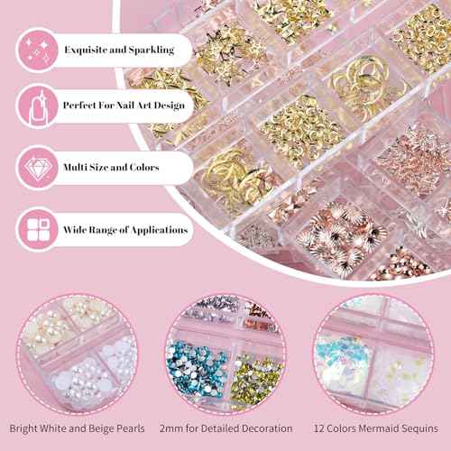10 Boxes Nail Art Kit - 12 Colors Pointed/Flatback Rhinestones, 3D Gold/Silver/Rose Nail Studs, White Beige Half Pearls, Holographic Glitter & Foils + 3 Tools for DIY Nail Art Jewels & Crafts