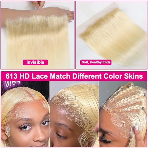 613 Frontal Straight 13x6 Transparent HD Lace Frontal Closure 12A Brazilian Virgin Remy Hair Free Part Ear to Ear Blonde Frontal Human Hair For Women Pre Plucked With Baby Hair 150% 16 Inch