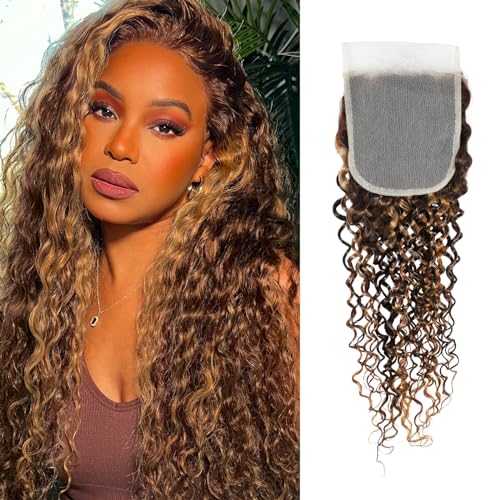 ALHER Water Wave Ombre Human Hair 4x4 Closure, 12A Honey Brown Highlight P4/27 Piano Color Wet and Wavy 100% Virgin Remy Human Hair Pre Plucked with Baby Hair Free Part Melt 4x4 Lace Closure 10 Inch