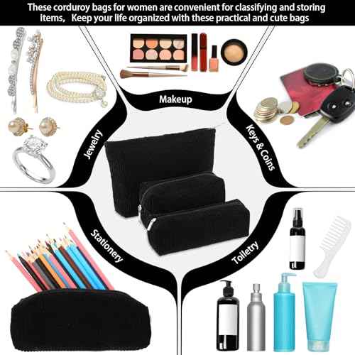 3 Pcs Makeup Bag Set for Women Corduroy Cosmetic Pouch Aesthetic Smile Travel Toiletry Bag Cute Purse Pouch Pencil Case Makeup Brushes Storage Organizer for Christmas(Black,Solid Style)