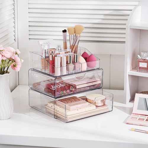 Vtopmart 3 Tier Clear Makeup Organizer with Drawer, Cosmetic Storage for Dresser Countertop and Bathroom Vanity, Beauty Holder for Lipstick Brush Skincare