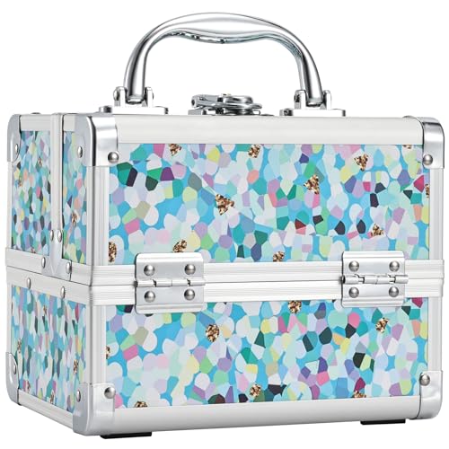 FRENESSA Makeup Case Train Case Portable Kids Makeup Box with Mirror Lock Box Travel Cosmetic Train Cases Hard Makeup Organizer for Girls Nail Craft Storage Vanity Mosaic Puzzle