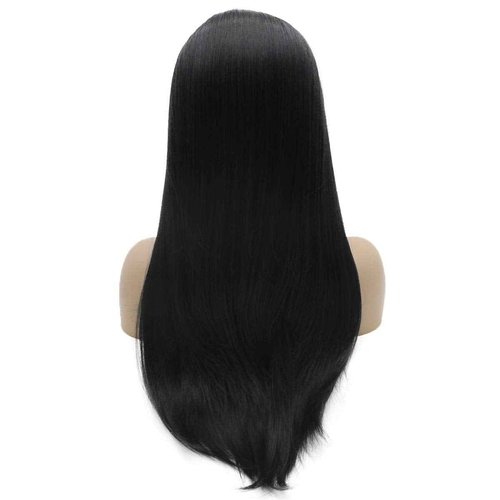 Lushy Straight Long 24inch Silky Black Wig Heat Friendly Heavy Density Realistic Synthetic Lace Front Wig