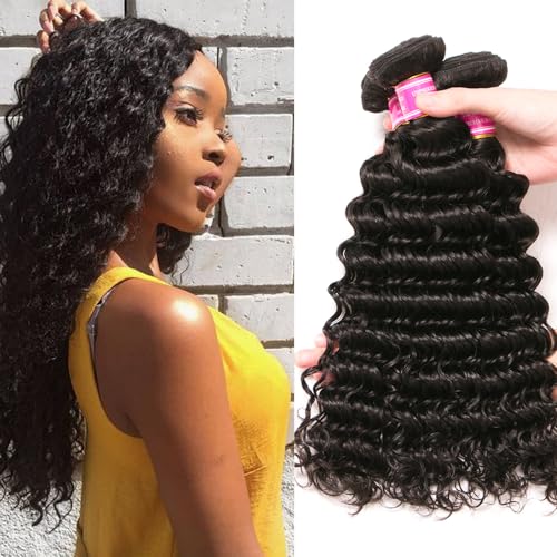 Deep Wave Bundles Human Hair 3 Bundles 12A Brazilian Virgin Human Hair Deep Curly Wave Extensions 100% Unprocessed Human Hair Weave Bundles Natural Black Color 14-18 Inch