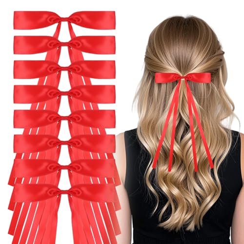 8Pcs Small Red Bows for Hair, Red Hair Clips for Girls Hair Bows for Women Red Hair Accessories Red Ribbon for Hair Barrettes for Women Red Satin Bow, Pigtail Bows Small Red Bow Hair Clip Women