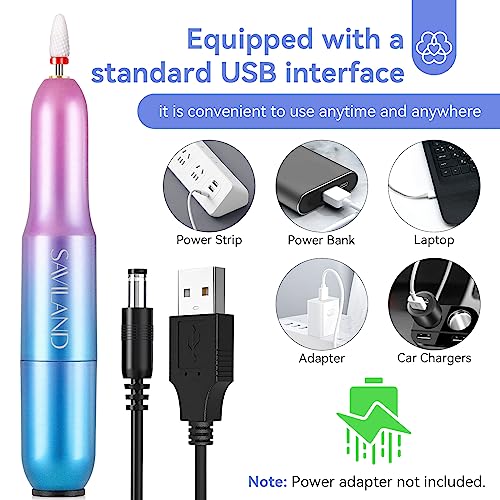 SAVILAND Portable Electric Nail Drill - 20000 RPM USB Electric Nail File with 7 Nail Drill Bits & 51 Sanding Bands for Nail Prep Acrylic Nails Dip Nails Gel Nails Home Salon Use
