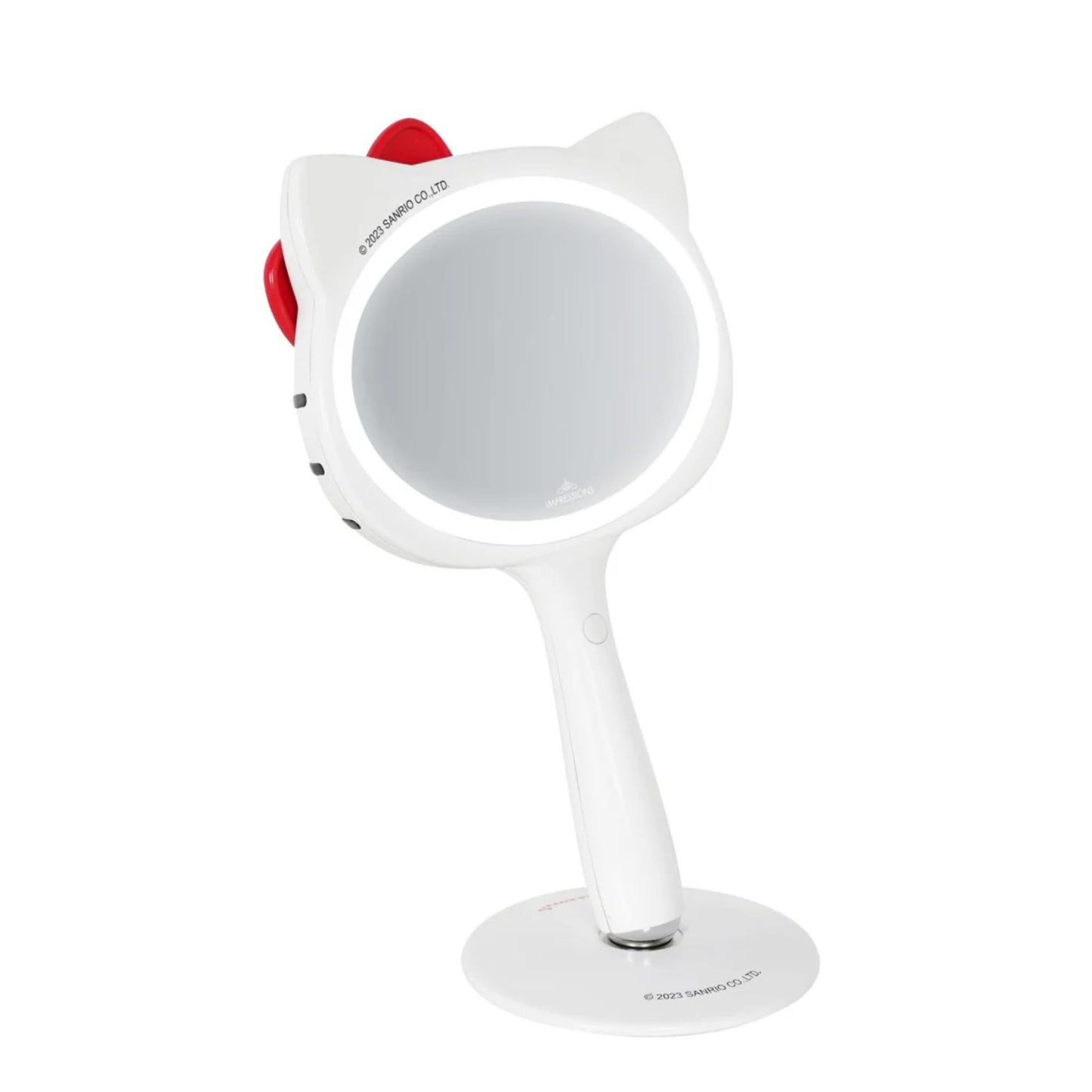 Impressions Vanity Hello Kitty LED Handheld Makeup Mirror with Magnetic Ball Standing Base, Velvety Soft Touch Finish, Ultra Bright Adjustable Brightness, Portable Lighted Mirrors for Travel and Home