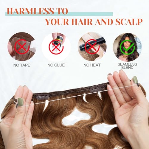 Benehair Halo Hair Extensions Real Human Hair, Brown Halo Hair Extension 100% Human Hair, Wavy Halo Extensions Human Hair, Curly Halo Extensions, Wire Hair Extension, Light Brown 65g/18inch