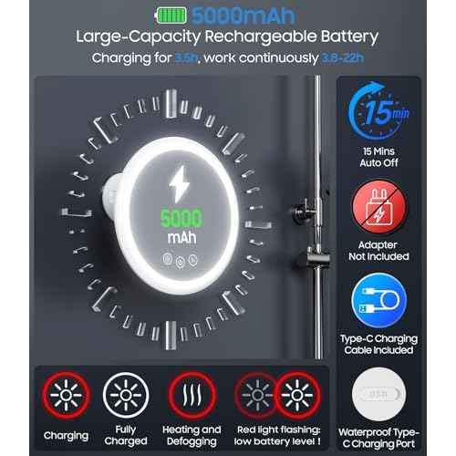 Gospire 3X Magnifying Heated Shower Mirror Fogless for Shaving, 5000mAh Battery, 360¡Æ Swivel & Magnetic Design, 8.3¡± Anti-Fog Shower Shaving Mirror with 3 Color Lights, Includes 2PCS Adhesive Hooks