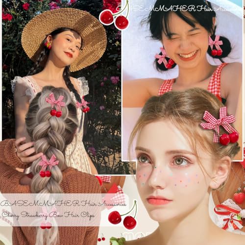 8 Pcs cherry Bow Hair Clips Hair Accessories Red White Bow Hairpin Alligator Hair Barrettes Plaid Bows Clips for Women Girls Christmas Party Hair Decoration