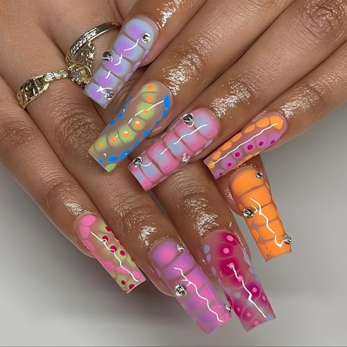 SINHOT Square Press on Nails - Long Fake Nails, Glossy Finish, Colorful Ombre & Crocodile Print, DIY Artificial False Nail Art - 24 Pcs Nail Kit with Glue