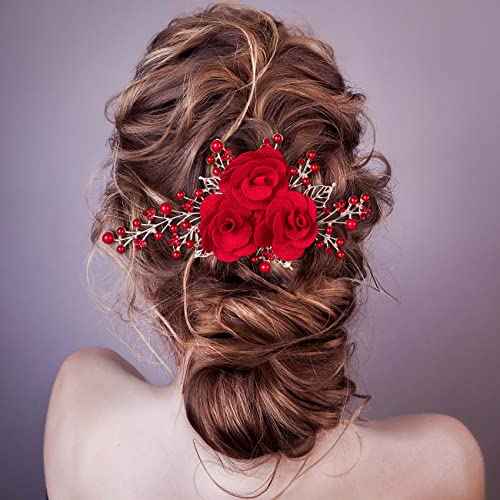 PAGOW Rose Flower Comb 6.1inch Red Hair Clip Bridal Girl Women Accessories Bride Headpiece Gift for Wedding Party Prom Chrismas Valentine's Day Long Thick Haiir