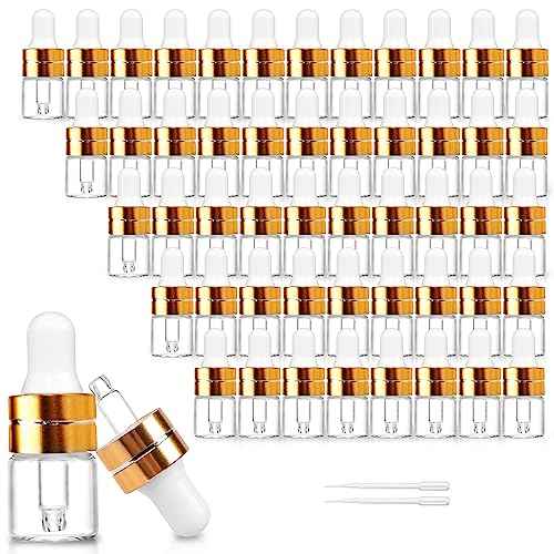 50 Pack 1ml Clear Glass Dropper Bottles with 2 Pcs Plastic Droppers, Mini Sample Dropper Bottles for Essential Oils Perfume Cosmetic Liquid, Empty Travel Sample Vials with Gold Cap