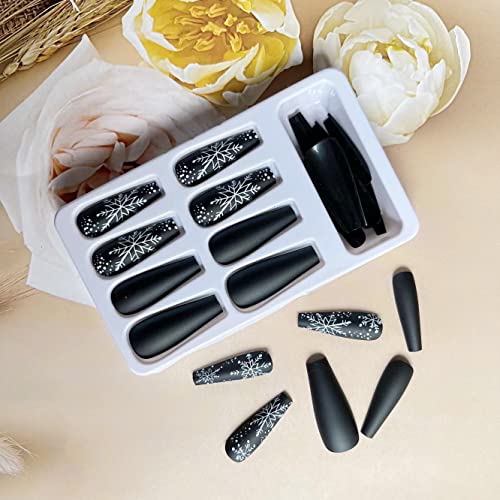 24 Pcs Snowflake Press on Nails Long Black White Christmas Fake Nails Glossy White Snow Glue on Nails Full Cover Coffin Shaped Long Christmas False Nails for Women Manicure Decorations