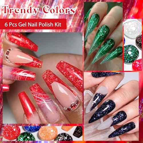 MEET ACROSS Gel Nail Polish Set 6 Pcs Glitter Colors Gel Nail Kit Art Design Soak Off UV LED (SET-4, 6pcs)