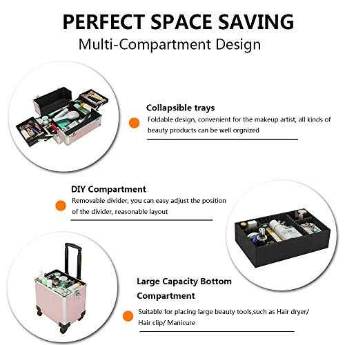 mefeir 4 in 1 Rolling Makeup Train Case, Aluminum Makeup Travel Organizer Cosmetic Case, Cosmetology Display Suitcase on Wheels, Beauty Storage Luggage Lockable w/4 Removable Wheels (Pink)
