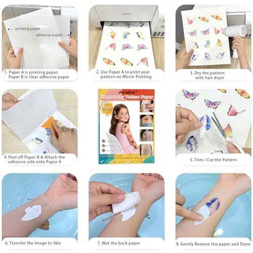 Printable Temporary Tattoo Paper for INKJET Printer, 12-Sets Custom Tattoo Printer Sticker 8.5X11", DIY Personal Clear Transfer Paper for Kids, Family, Christmas, Birthdays, Parties, Festivals