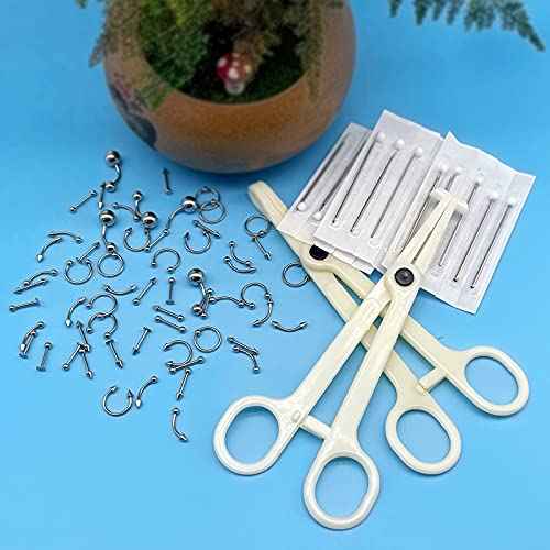 A-minusone 84PCS Body Septum Piercing Kit 14G 16G Tools for Nose Tongue Lip Ear Eyebrow Belly Button Cartilage Tragus Industrial Barbell Helix Daith Piercing Jewelry Clamps