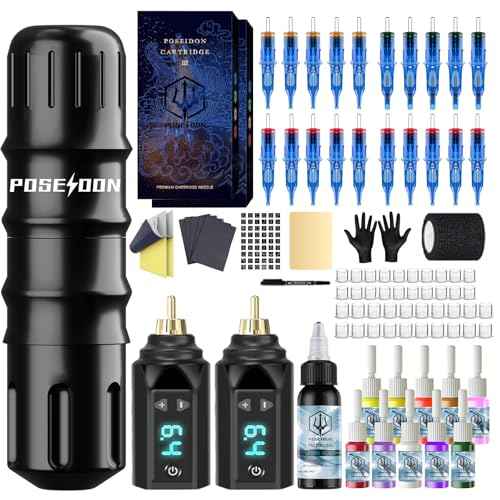 POSEIDON Tattoo Pen Kit Tattoo Gun Kit with 2Pcs Tattoo Batteries Tattoo Machine Kit with 11 Tattoo Inks 20pcs Tattoo Cartridge Needles for Beginers and Artists