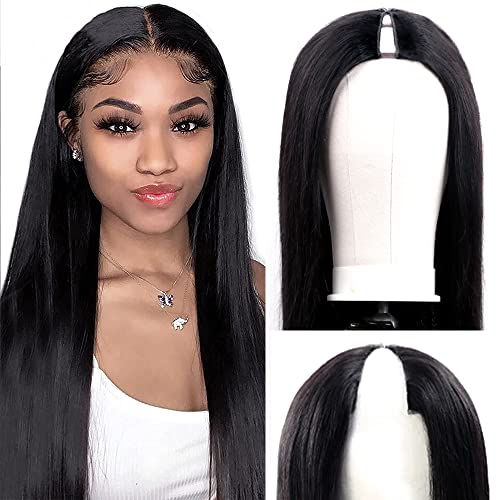 V Part Wigs Straight Brazilian Virgin Human Hair Wigs for Black Women Upgrade U Part Wigs Glueless Full Head Clip In Half Wig V Shape Wig No Leave Out 180% Density Natural Color 18"