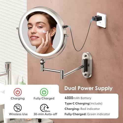 9" Wall Mounted Lighted Makeup Mirror,4000mAh Rechargeable Double Sided 1X/20X Magnifying Mirror with Light,Touch Dimmable,Extended Arm 360 Rotation Wall Mounted Makeup Mirror 3 Color Lights-N