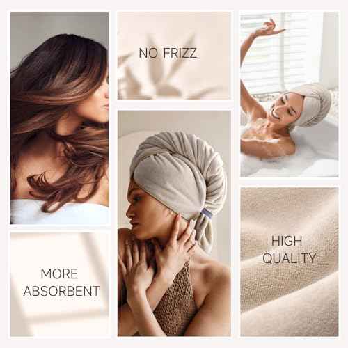 Umisleep 100% Microfiber Hair Towel, 41" x 22" Super Absorbent Hair Care Towel, Ultra Soft Hair Towel Wrap with Elastic Loop, Large Curly Hair Towel for Women Long, Thick Hair, Camel
